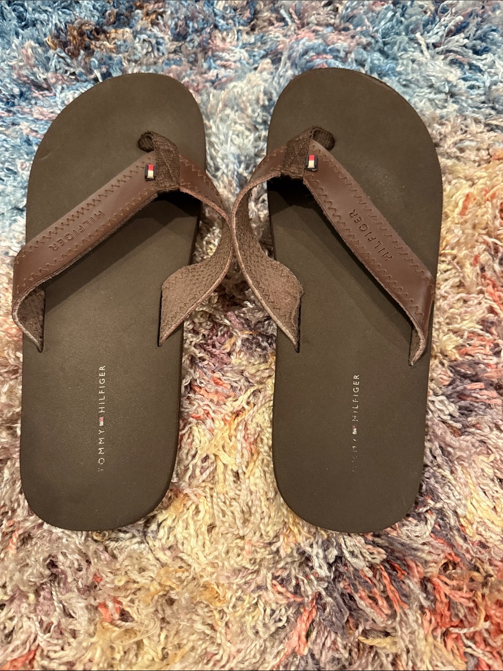 Tommy Hilfiger Brown Leather Thong Sandals with Flag Accent